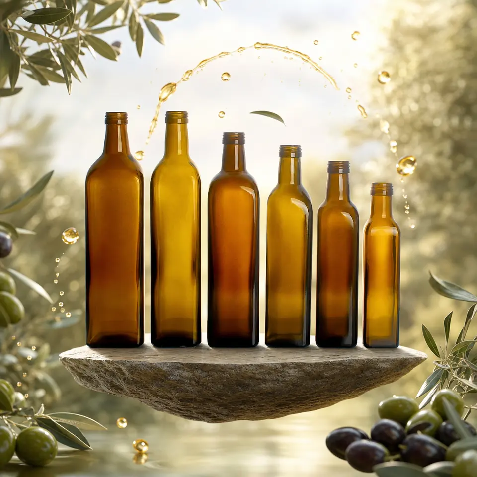Amber or green glass olive oil bottle, screw cap, 250–750 ml