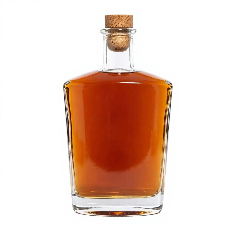 Flat square super flint liquor bottle with cork finish