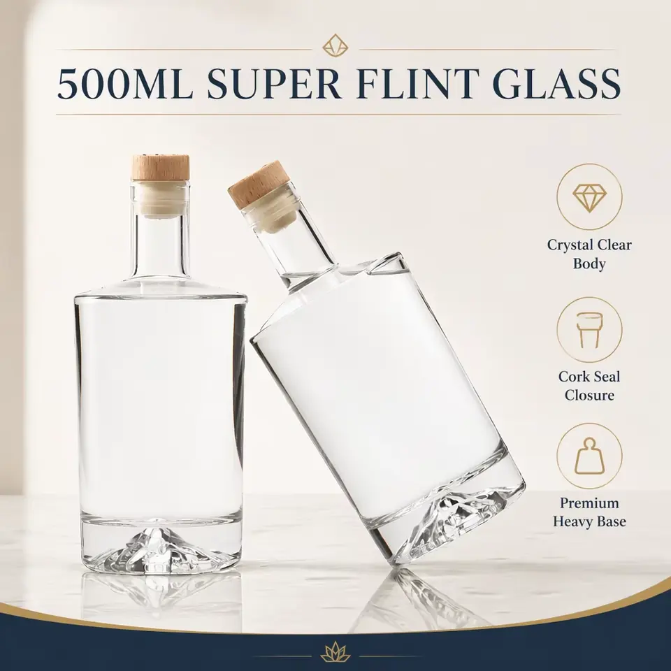 Flat square super flint spirits bottle with mountain base