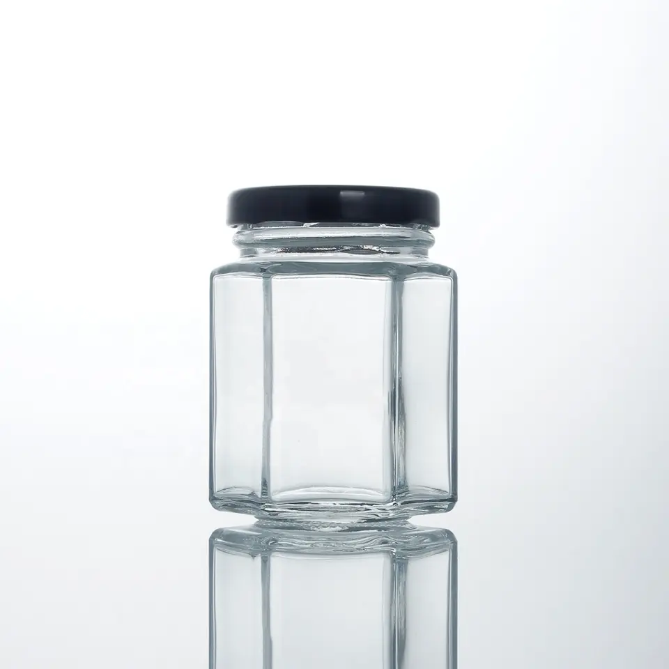 Square glass honey jar with metal lid, 180–380 ml