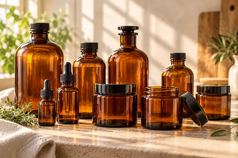 Amber glass bottles and jars of different shapes in soft light