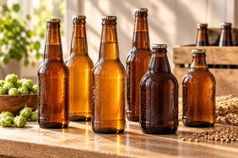 Brown longneck and stubby glass beer bottles with crown caps