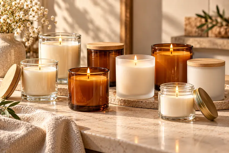 Clear, amber and frosted glass candle jars with poured candles
