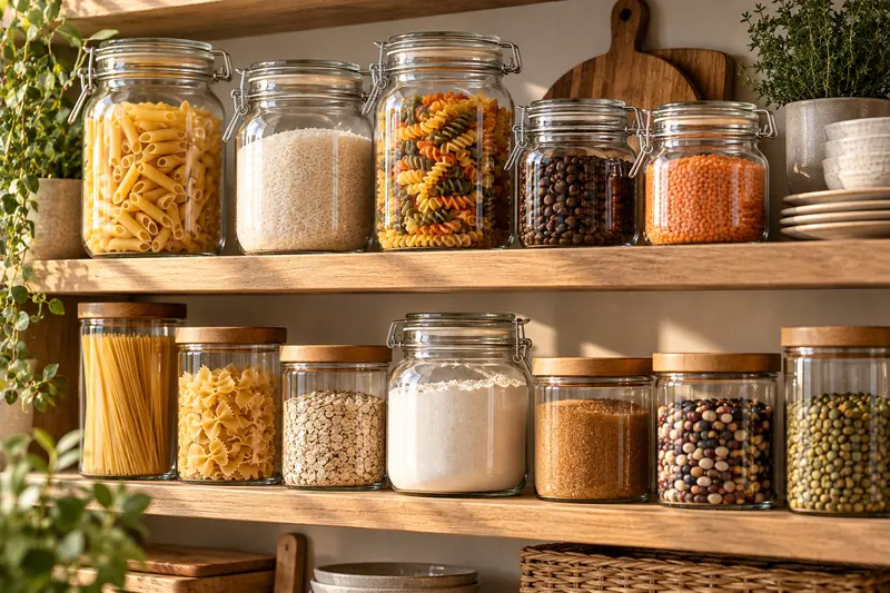 Clear glass storage jars and canisters with clamp lids and wooden lids holding pantry foods