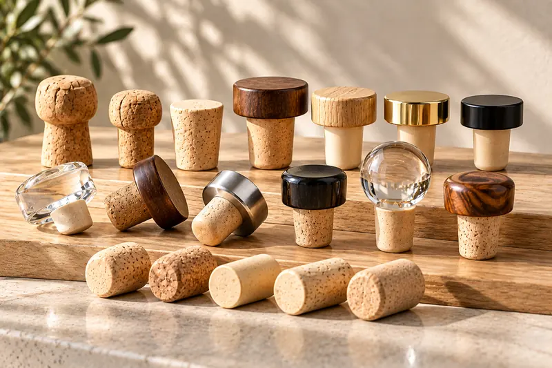 Natural and synthetic corks and bar-top stoppers with wood and metal heads