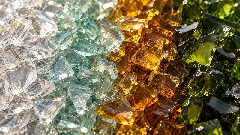 Sorted glass cullet in clear, pale aqua, amber and olive green