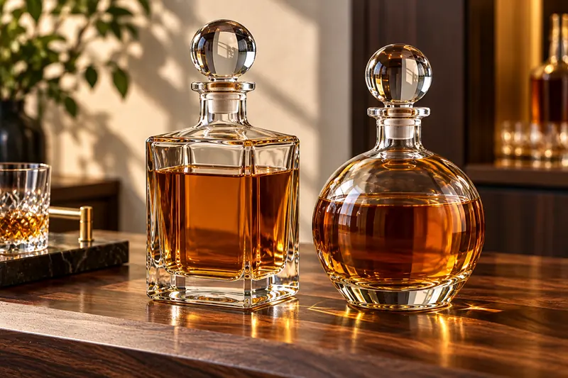Crystal-clear glass decanters with glass stoppers holding amber spirit
