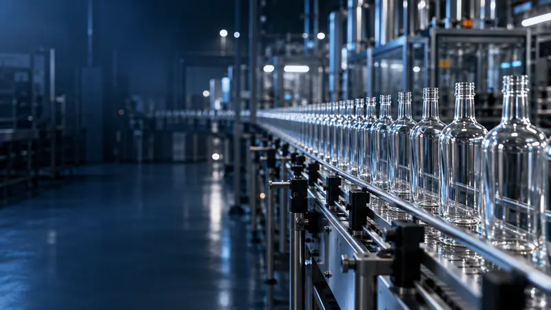 Clear glass bottles moving along a stainless-steel conveyor in a bottle factory
