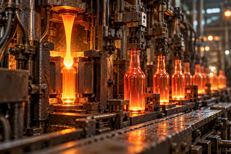 Glowing glass gob entering a bottle forming machine on a production line
