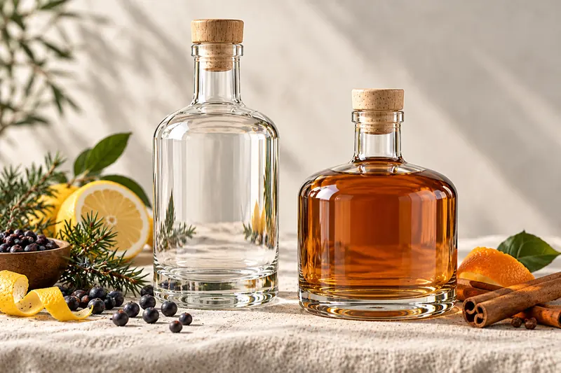 Round clear gin bottle and squat amber rum bottle with cork stoppers next to botanicals