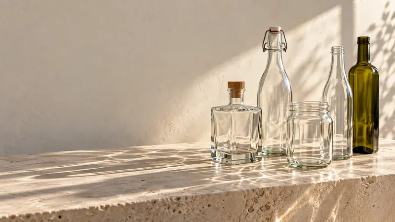 Unlabeled clear spirits bottle, swing-top bottle, mason jar, water bottle and green olive oil bottle on a limestone plinth in morning light