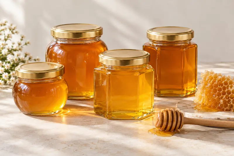Hexagonal and round glass honey jars with gold lids and a honey dipper