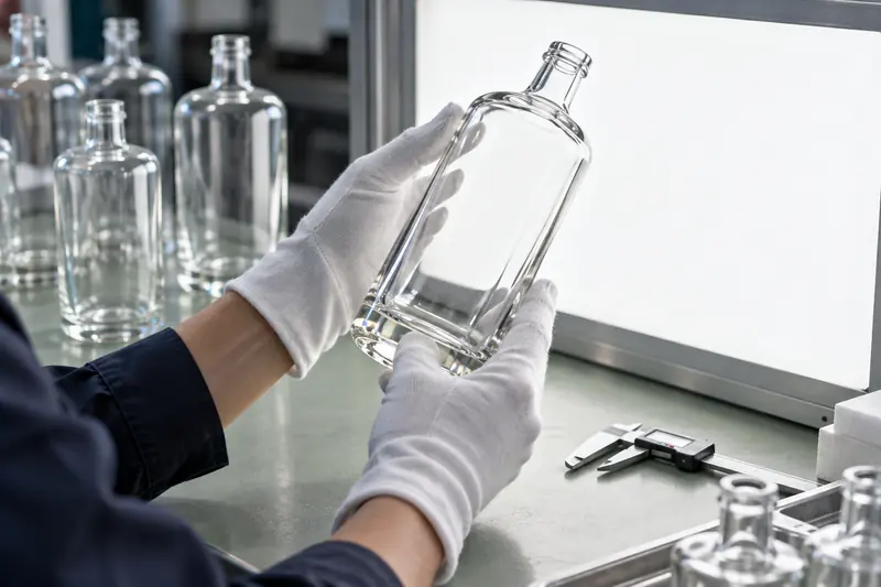 Inspector in white gloves checking a clear bottle against a light panel