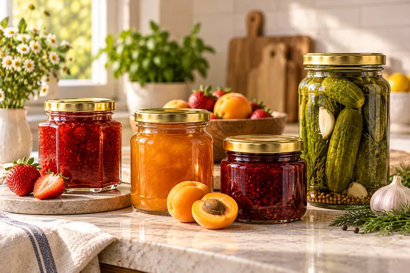 Glass jam jars and a pickle jar with lug lids on a kitchen counter