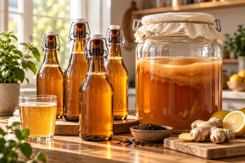 Amber flip-top bottles and a large glass brewing jar of kombucha