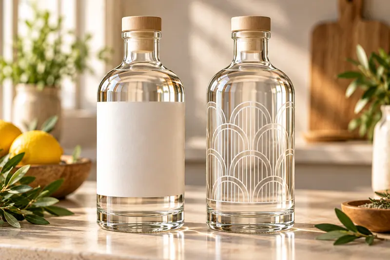 A labelled glass bottle beside a screen-printed glass bottle, comparing the two finishes