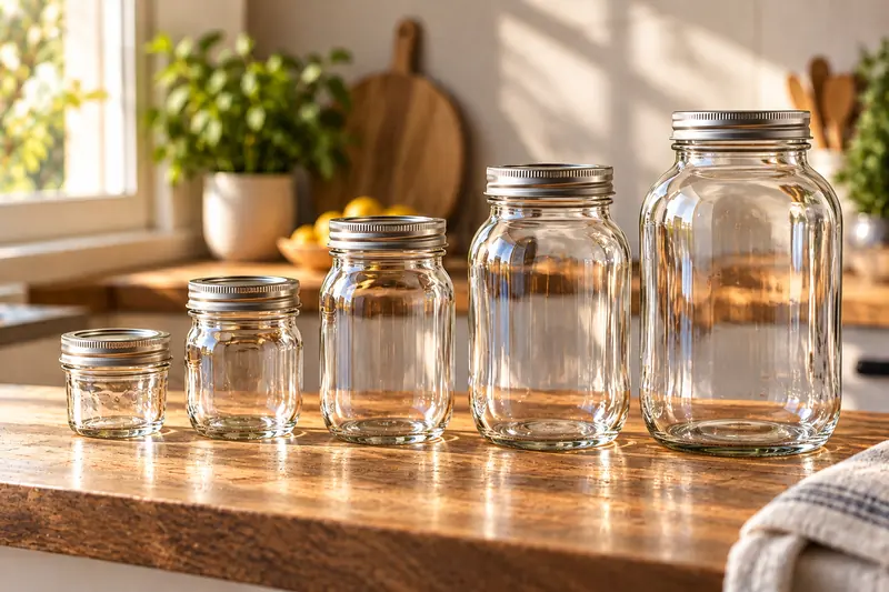 Clear glass mason jars in several sizes with metal two-piece lids