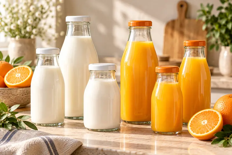 Glass milk bottles and juice bottles with caps on a light background