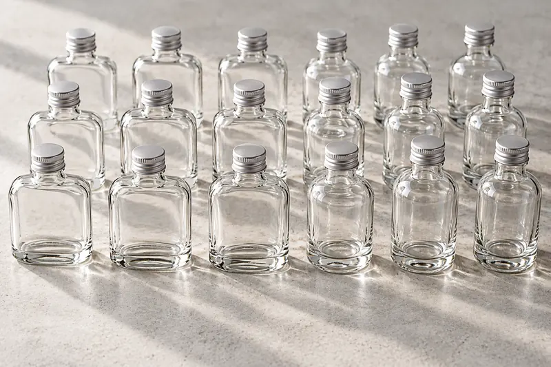 Rows of empty 50 ml miniature glass liquor bottles with screw caps