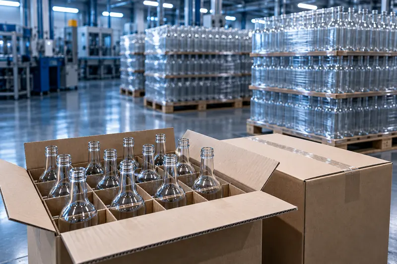 Clear bottles in a carton with cardboard dividers beside shrink-wrapped pallets