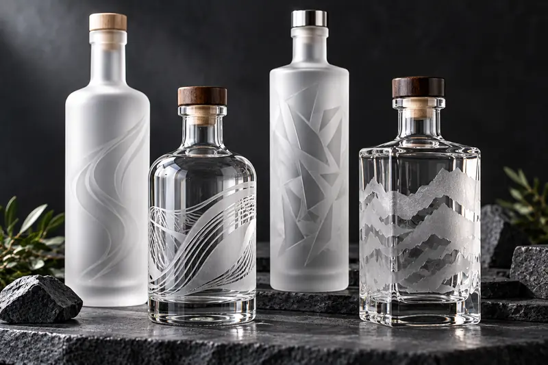 Frosted and etched glass spirits bottles with a decorative logo pattern