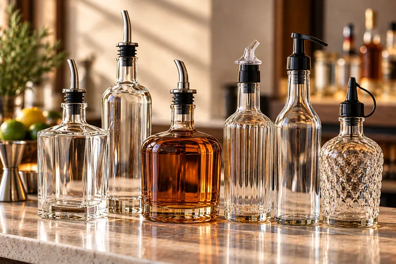 Stainless pour spouts and plastic pourer caps fitted to glass liquor bottles on a bar