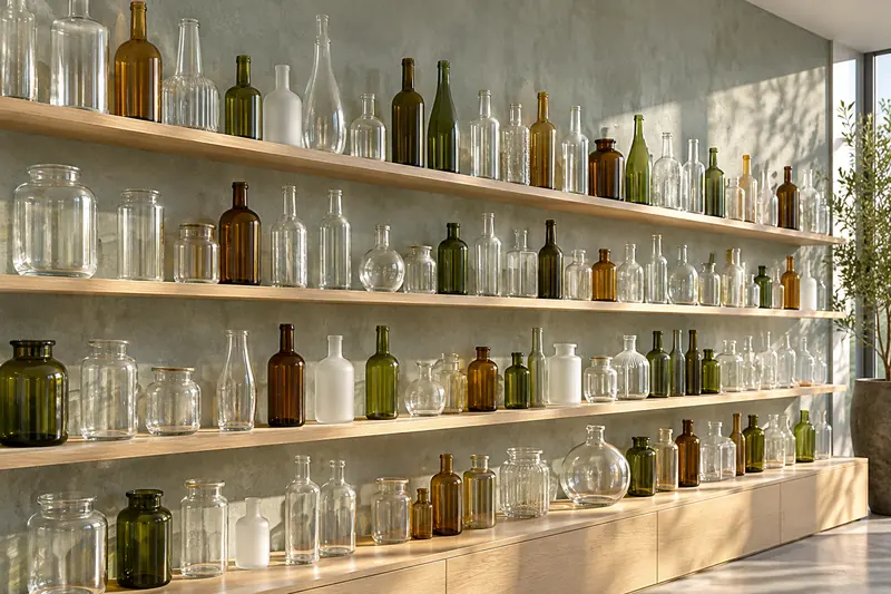 Wall of glass bottle and jar samples on oak shelves