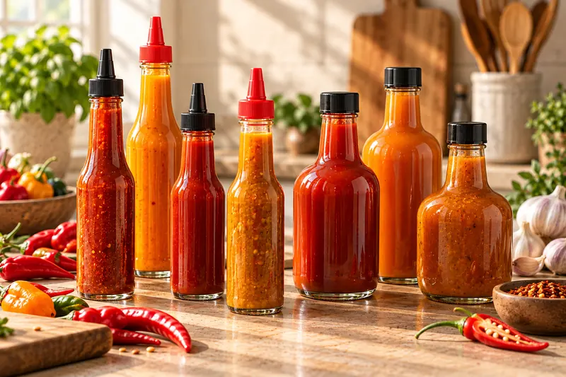 Slim woozy hot sauce bottles and sauce bottles with red sauces and dasher caps