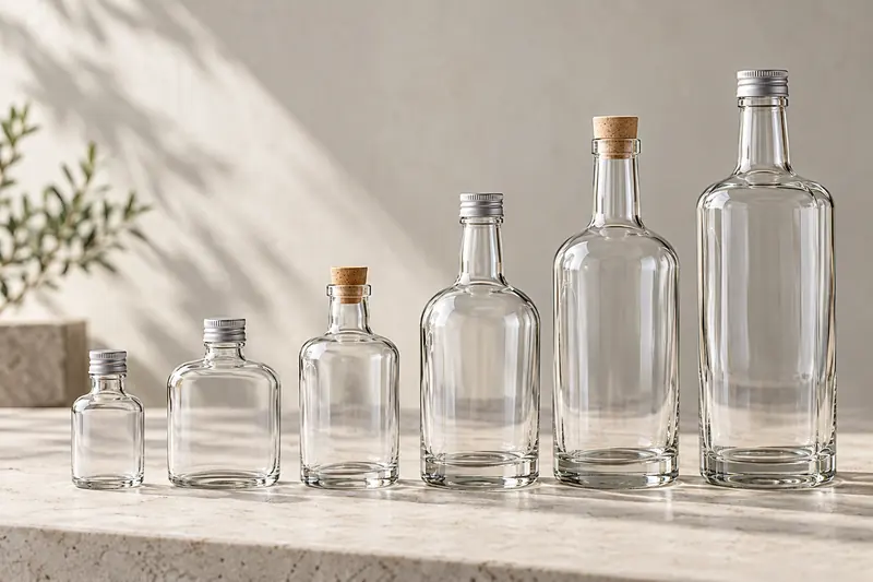 Empty clear liquor bottles lined up from smallest to largest, from a miniature to a 1 litre bottle, on a light table