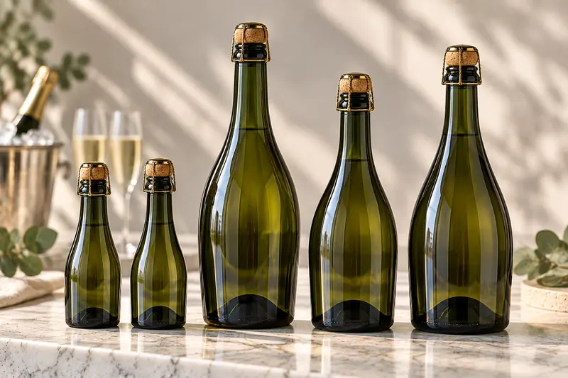 Heavy dark green sparkling wine bottles with mushroom corks and wire cages, plus mini bottles