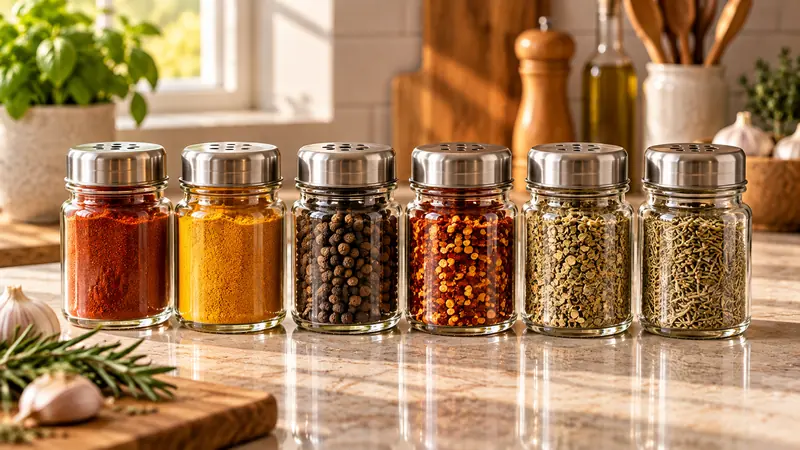 Small glass spice jars with shaker lids filled with colourful spices