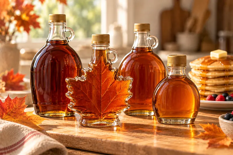 Maple-leaf shaped and round glass syrup bottles filled with amber syrup