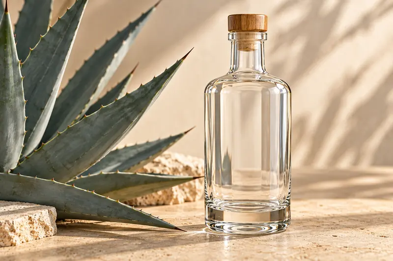 Tall heavy-based clear tequila bottle with a wooden bar-top stopper beside agave leaves