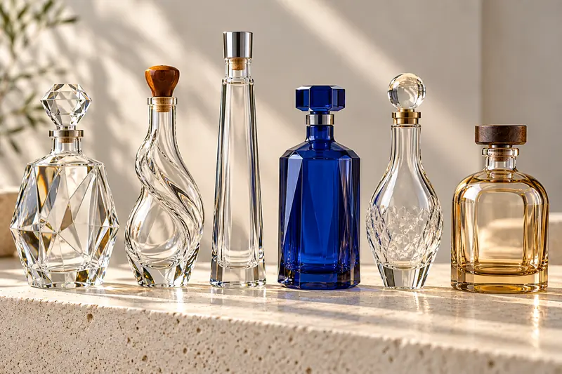 A row of unusually shaped decorative glass liquor bottles: faceted, sculpted and coloured