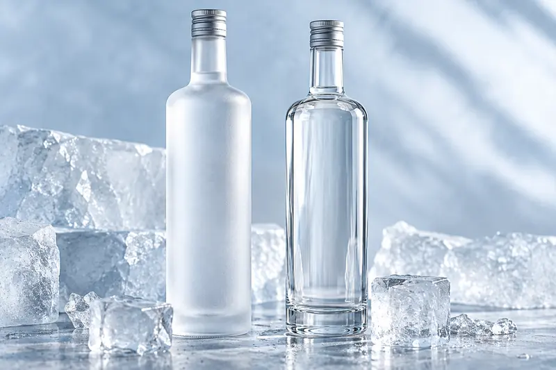 Frosted and clear tall vodka bottles with silver screw caps on a cold blue background