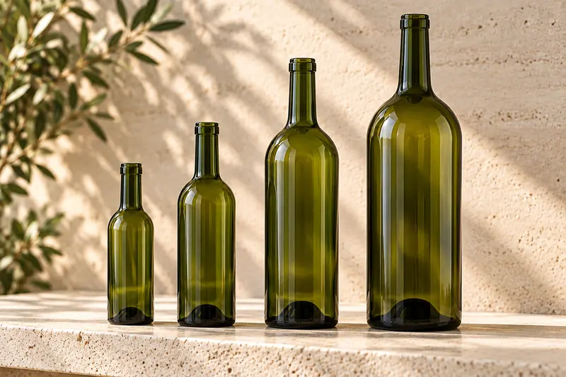 Wine bottles in increasing sizes from a small split to a magnum